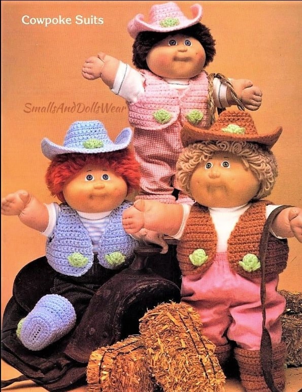Vintage Crochet Pattern Soft Sculpture Doll Cowboy Cowgirl Cowpoke Outfits PDF Instant Digital Download 16 Inch Cabbage Patch Kids 4 Ply