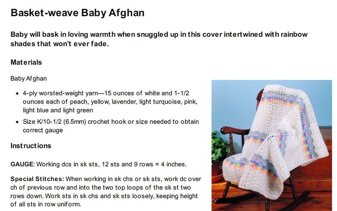 Vintage Crochet Pattern Rainbow Stripe Basket Weave Baby Afghan Blanket PDF Instant Digital Download 36x44 4 Ply