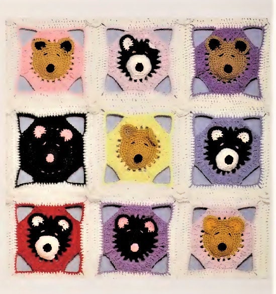 Vintage Crochet Pattern Sleepy Nosy Bears Squares Baby Afghan Animal Teddy Granny Square Blanket PDF Instant Digital Download 38x45 10 Ply