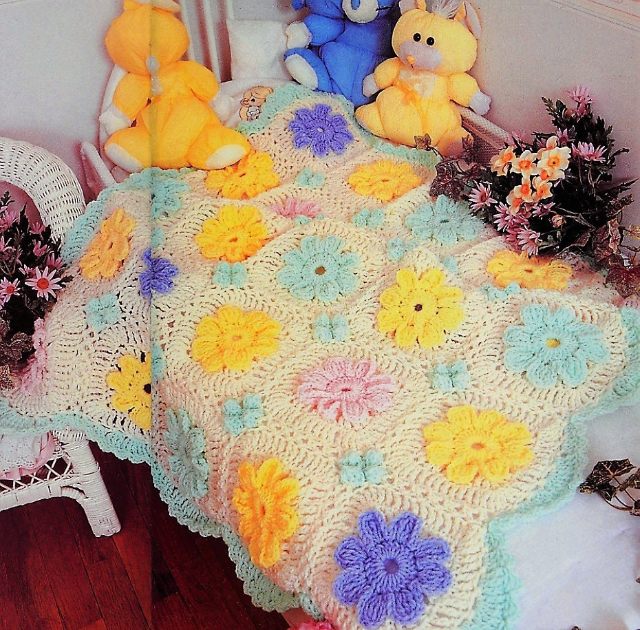 Vintage Crochet Pattern Spring Flower Granny Squares Baby Afghan Blanket PDF Instant Digital Download Floral Motif Crib Throw 10 Ply