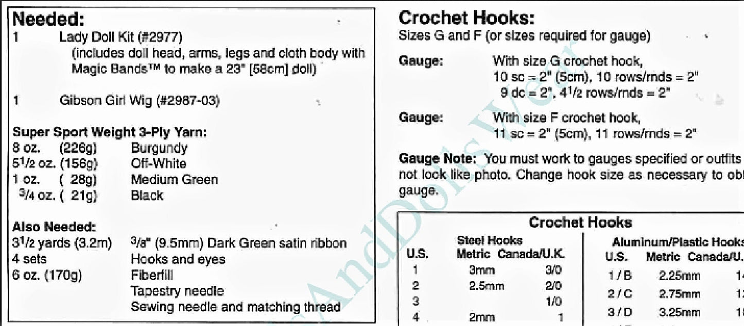 Vintage Crochet Pattern 24" Victorian Doll Dress 4 Piece Outfit PDF Instant Digital Download Rosebud Dress Headband 3 Ply