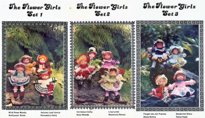 Vintage Crochet Patterns The Flower Girls Yarn Head Dolls PDF Instant Digital Download 12 Floral Craft Doll Designs Retro 1980s 4 Ply Mitzy