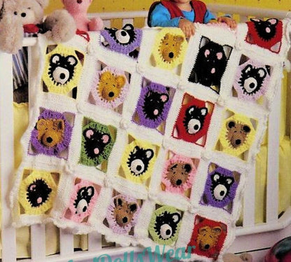 Vintage Crochet Pattern Sleepy Nosy Bears Squares Baby Afghan Animal Teddy Granny Square Blanket PDF Instant Digital Download 38x45 10 Ply