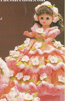 Vintage Crochet Pattern Peach Blossom Spring Flowers Bed Doll Music Box or Pillow Doll Dress 13 Inch Dolls PDF Instant Digital Download