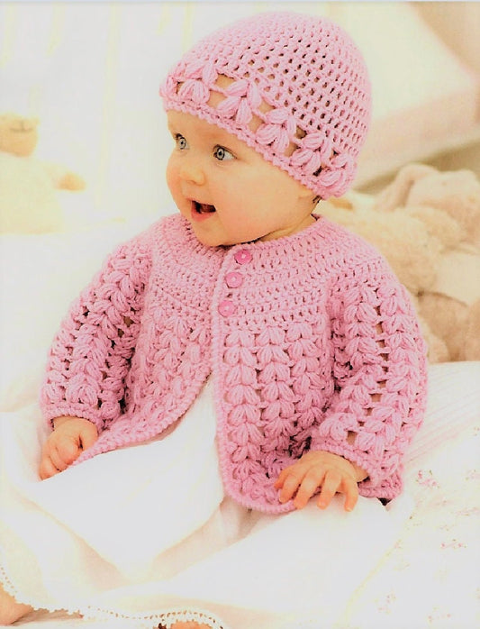 Vintage Crochet Pattern Baby to Little Girl Flower Matinee Cardigan Jacket Beanie Hat Set PDF Instant Digital Download Birth to 7 yrs 8 Ply