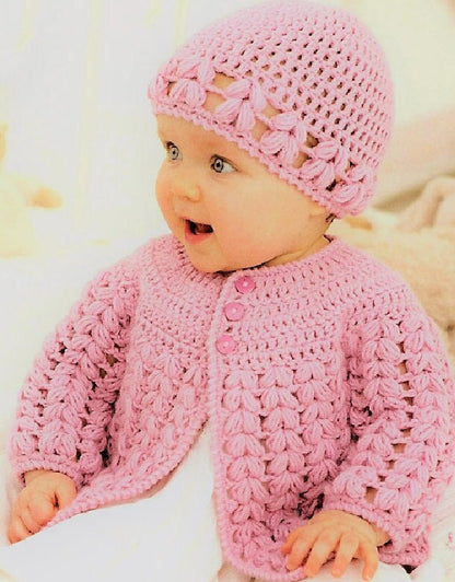 Vintage Crochet Pattern Baby to Little Girl Flower Matinee Cardigan Jacket Beanie Hat Set PDF Instant Digital Download Birth to 7 yrs 8 Ply