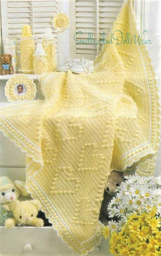 Vintage Crochet Pattern Sunny Popcorn Hearts Baby Blanket Afghan Nursery Set Bottle Covers Picture Frame PDF Instant Digital Download 5 Ply