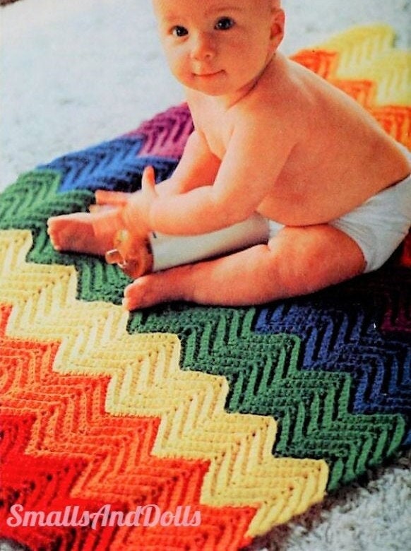 Vintage Crochet Pattern Classic Rainbow Ripple Baby Afghan Blanket PDF Instant Digital Download Quick Easy ZigZag Lapghan 22x33 4 Ply