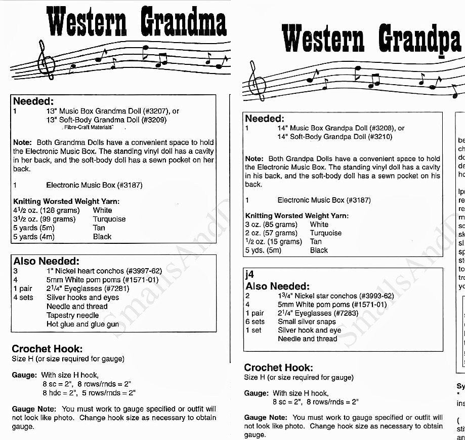 Vintage Crochet Pattern 13" Western Dolls Grandma Grandpa Cowgirl Cowboy Outfits Music Box Dolls PDF Instant Digital Download 10 Ply