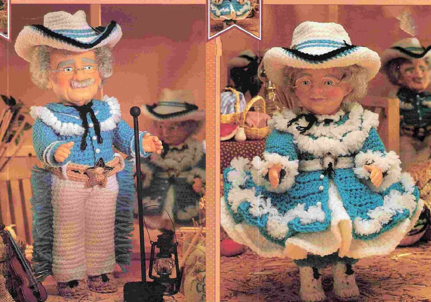 Vintage Crochet Pattern 13" Western Dolls Grandma Grandpa Cowgirl Cowboy Outfits Music Box Dolls PDF Instant Digital Download 10 Ply