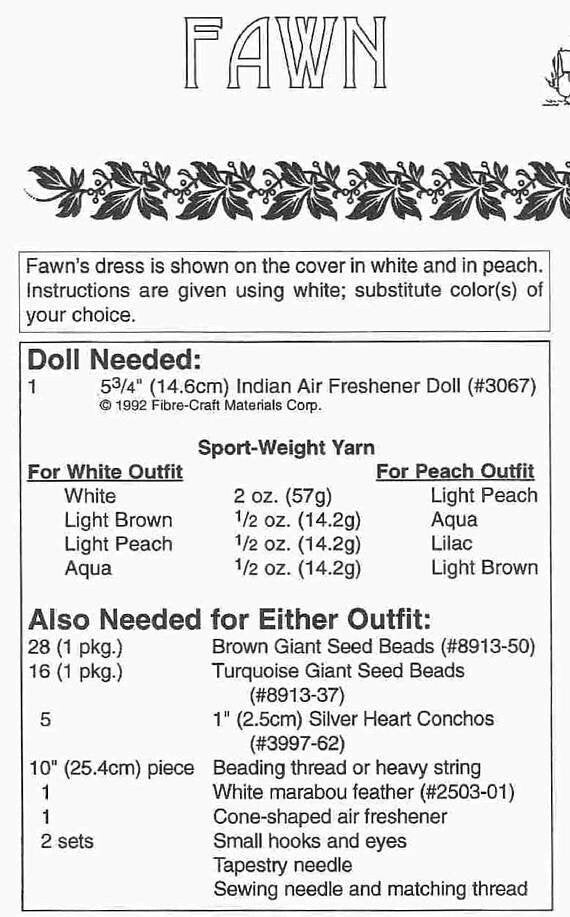 Vintage Crochet Patterns Fawn Indian Princess Dress Outfits for 5.75" Air Freshener or 6" Dolls PDF Instant Digital Download 5 Ply