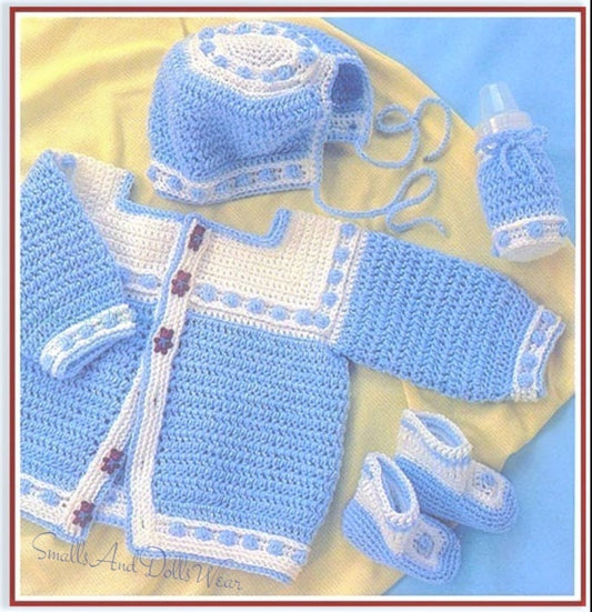 Vintage Crochet Pattern Baby Blueberry Cluster Stitch Cardigan Sweater Bonnet Booties Bottle Cover Set PDF Instant Digital Download 5 Ply