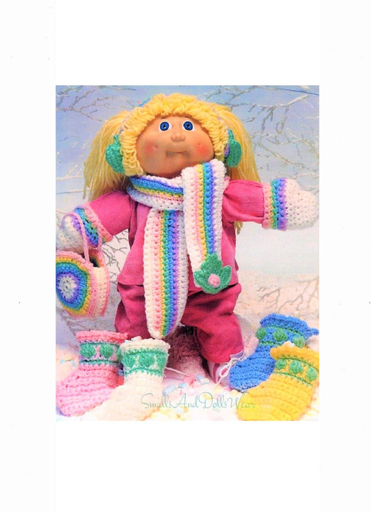 Vintage Crochet Pattern 16" Soft Sculpture Doll Winter Rainbow 5 Piece Accessories Set PDF Instant Digital Download Cabbage Patch Kids 4 Ply