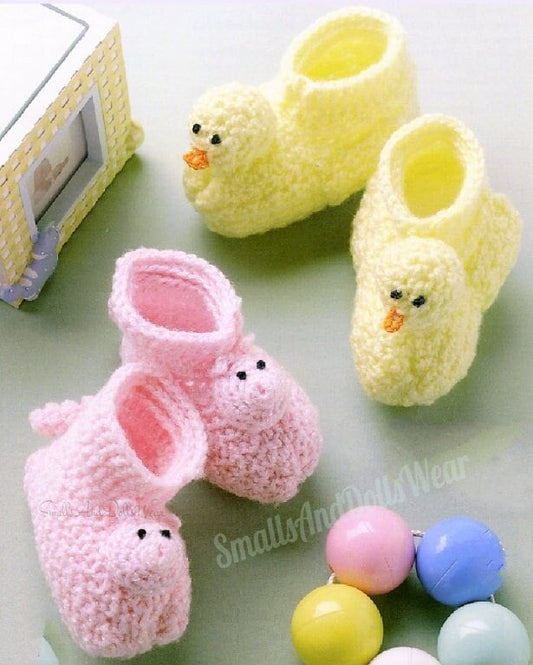 Vintage Crochet Pattern Duckie & Piggie Baby Slipper Booties PDF Instant Digital Download 3 Ply Cute Duck Pig Amigurumi Bootees 6m - 24m