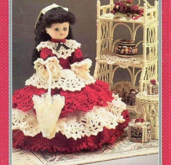 Vintage Crochet Pattern Pretty Elizabeth Victorian Doll Red White Lace Tiered Dress 11.5 inch Doll PDF Instant Digital Download 5 Ply