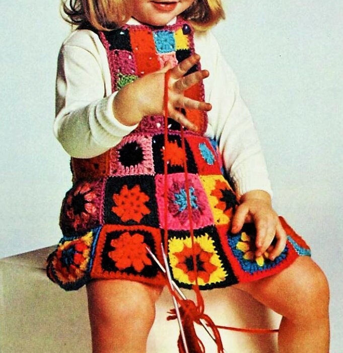 Vintage Crochet Pattern Toddler Girl Granny Square Pinafore Dress PDF Instant Digital Download Scrap Yarn 2 4 5 Years 10 Ply