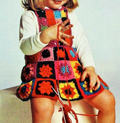 Vintage Crochet Pattern Toddler Girl Granny Square Pinafore Dress PDF Instant Digital Download Scrap Yarn 2 4 5 Years 10 Ply