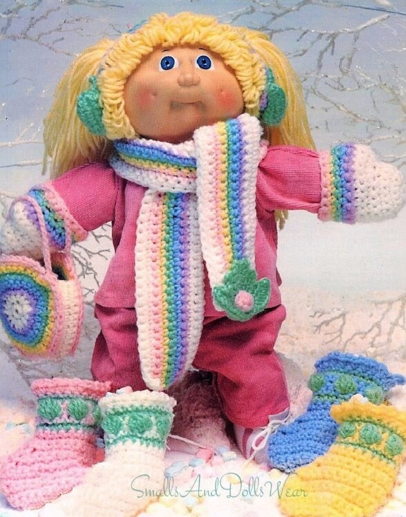Vintage Crochet Pattern 16" Soft Sculpture Doll Winter Rainbow 5 Piece Accessories Set PDF Instant Digital Download Cabbage Patch Kids 4 Ply
