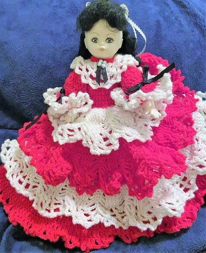 Vintage Crochet Pattern Pretty Elizabeth Victorian Doll Red White Lace Tiered Dress 11.5 inch Doll PDF Instant Digital Download 5 Ply