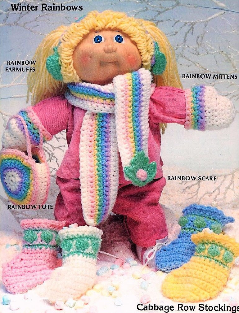 Vintage Crochet Pattern 16" Soft Sculpture Doll Winter Rainbow 5 Piece Accessories Set PDF Instant Digital Download Cabbage Patch Kids 4 Ply