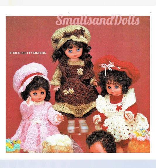 Vintage Crochet Pattern 14" Three Sisters Doll Clothes Pretty Old Fashioned Outfits PDF Instant Digital Download 4 Ply