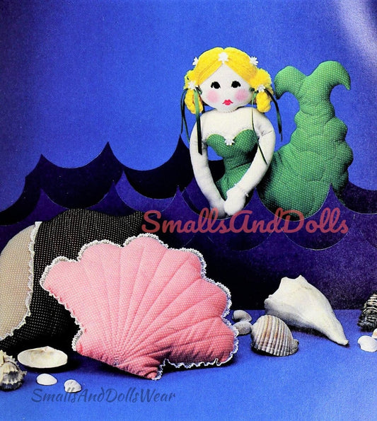 Vintage Sewing Pattern 16" Mermaid Soft Sculpture Doll and Fabric Sea Shell Pillow PDF Instant Digital Download