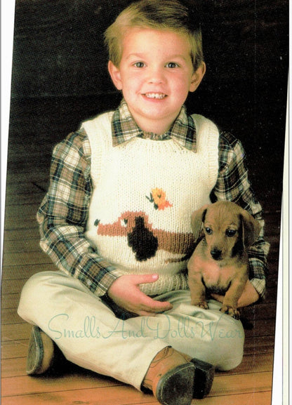Vintage Knitting Pattern Boys Dachshund Dog Motif Sweater Vest PDF Instant Digital Download Wiener Puppy 1-8 Years 10 Ply 12 Ply