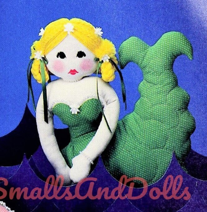 Vintage Sewing Pattern 16" Mermaid Soft Sculpture Doll and Fabric Sea Shell Pillow PDF Instant Digital Download