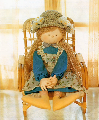 Vintage Sewing Pattern 20" Cute Country Prairie Girl Soft Sculpture Toy Doll PDF Instant Digital Download Cotton Fabrics Yarn Hair