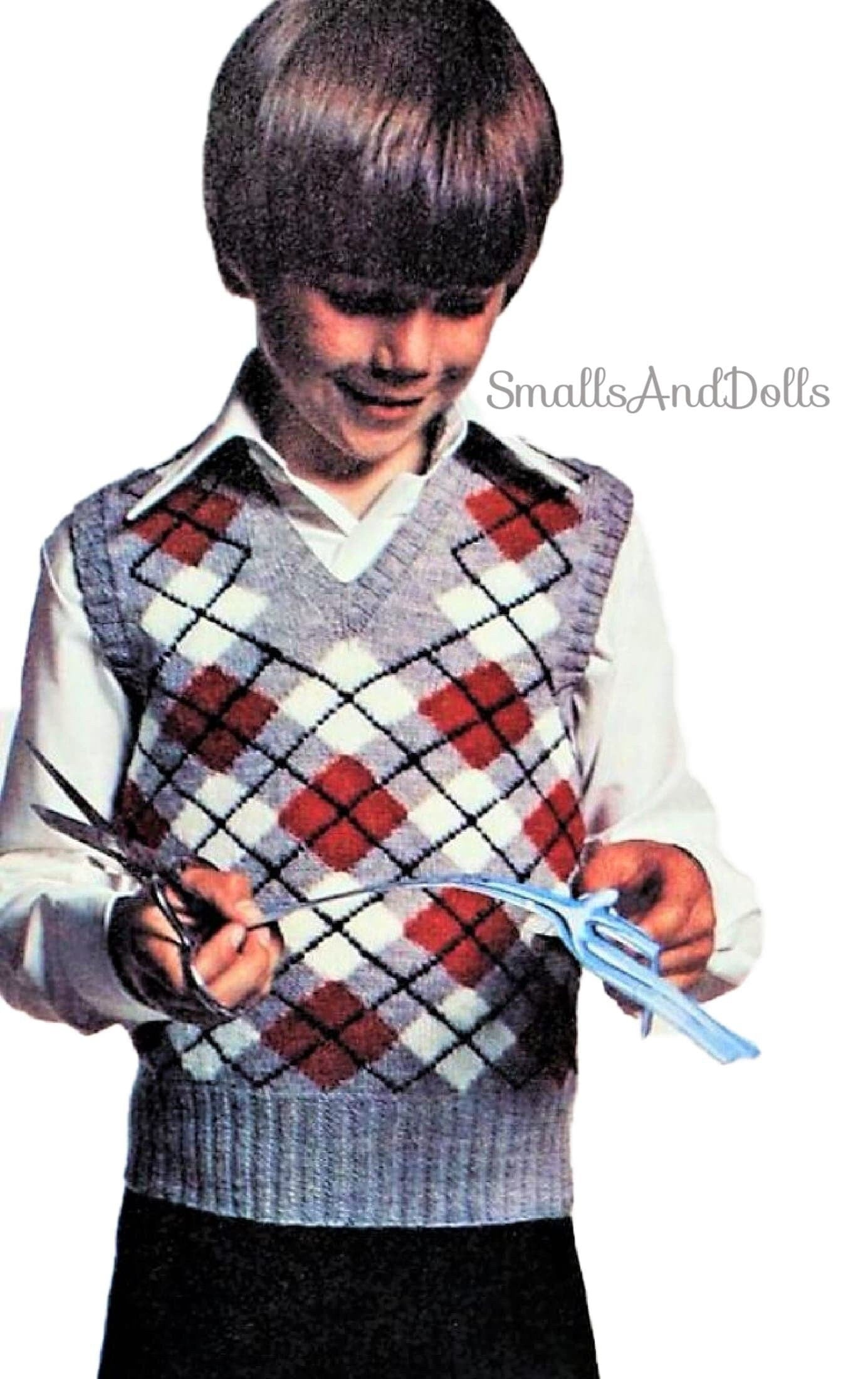 Vintage Knitting Pattern Boys Classic Knit Argyle Plaid Sweater Vest PDF Instant Digital Download 4-12 Years 5 Ply