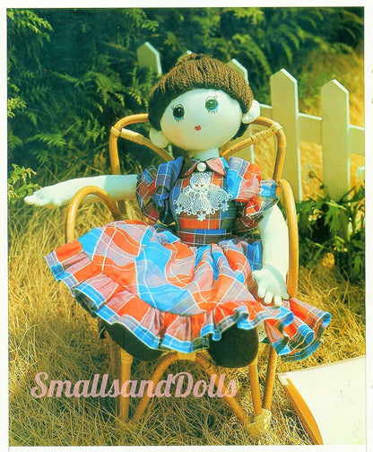Vintage Sewing Pattern 18" Pretty Brunette Girl Doll Soft Sculpture Toy Bun Hairdo PDF Instant Digital Download Sewn Rag Dolly