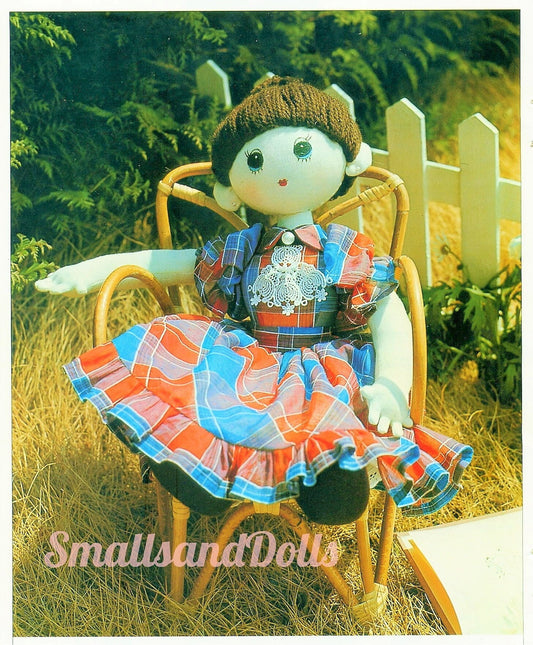 Vintage Sewing Pattern 18" Pretty Brunette Girl Doll Soft Sculpture Toy Bun Hairdo PDF Instant Digital Download Sewn Rag Dolly