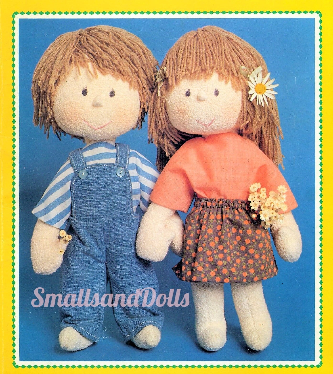 Vintage Sewing Pattern 13" Adorable Boy and Girl Soft Sculpture Toy Dolls PDF Instant Digital Download Cotton Pile Rag Dolls Yarn Hair