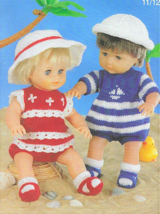 PDF Vintage Knitting Pattern Boy Girl Doll Clothes Beach Outfits Romper Suits Sandals 12-14 15-18 19-22 Inch Dolls Instant Digital Download