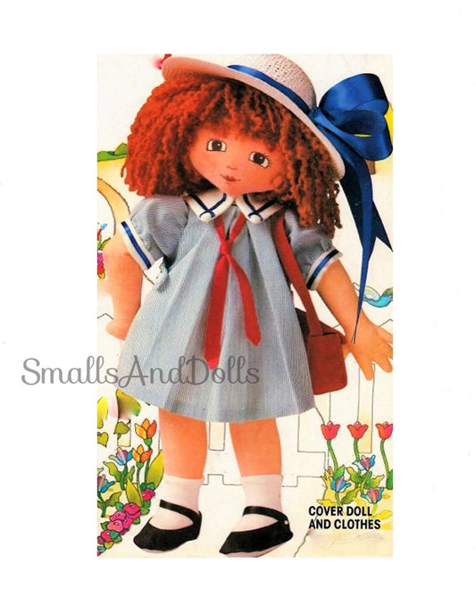 Vintage Sewing Pattern 13" Pretty School Girl Rag Doll Soft Sculpture Toy PDF Instant Digital Download Soft Fabric Toy Doll Hat Purse