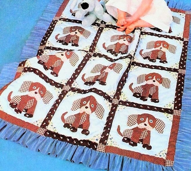 Vintage Sewing Pattern Gingham Puppy Dog Patch Quilt Baby Crib Toddler Blanket PDF Instant Digital Download Applique Patchwork Blocks 33x44