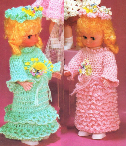 Vintage Crochet Pattern 14" Wedding Party Doll Clothes PDF Instant Digital Download Bride Groom Outfits Bridesmaids Dresses 4 Ply