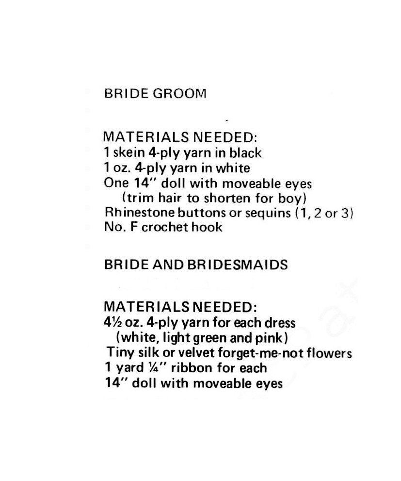 Vintage Crochet Pattern 14" Wedding Party Doll Clothes PDF Instant Digital Download Bride Groom Outfits Bridesmaids Dresses 4 Ply