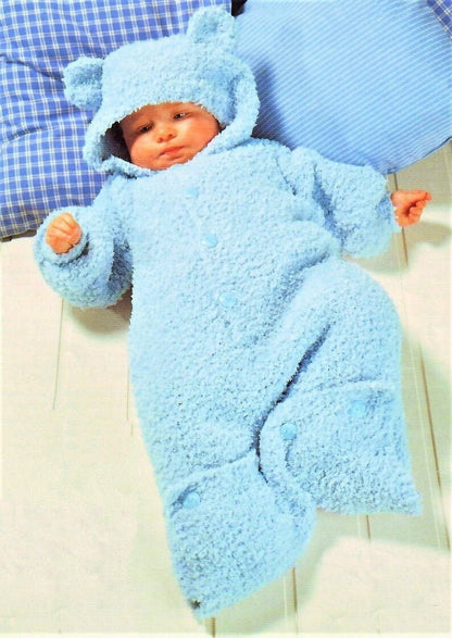 Knitting Pattern Baby to Toddler Bear Ears Romper One Piece Suit and Sleeping Bag Bunting PDF Instant Download 0-4 Years DK 8 Ply