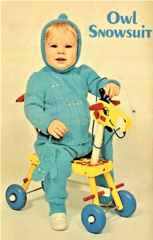Vintage Knitting Pattern Knit Baby Boy Owl Snowsuit Playsuit Hooded Sweater Top Pants Set PDF Instant Digital Download 1-3 yrs 5 Ply 1971