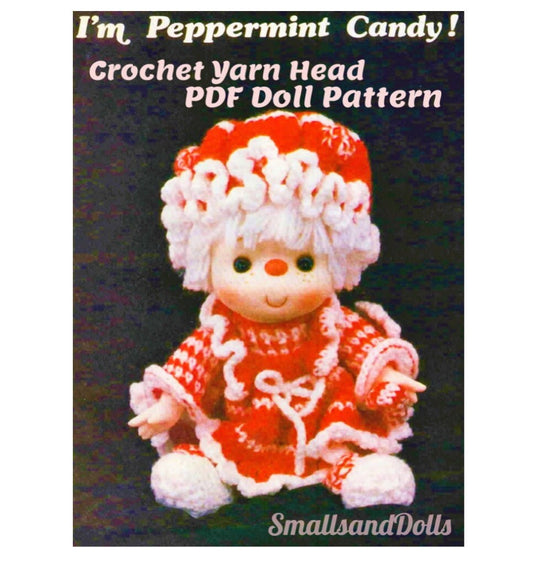 Vintage Crochet Pattern 14" Peppermint Candy Cane Christmas Yarn Head Doll PDF Instant Digital Download Retro 1980s 10 Ply