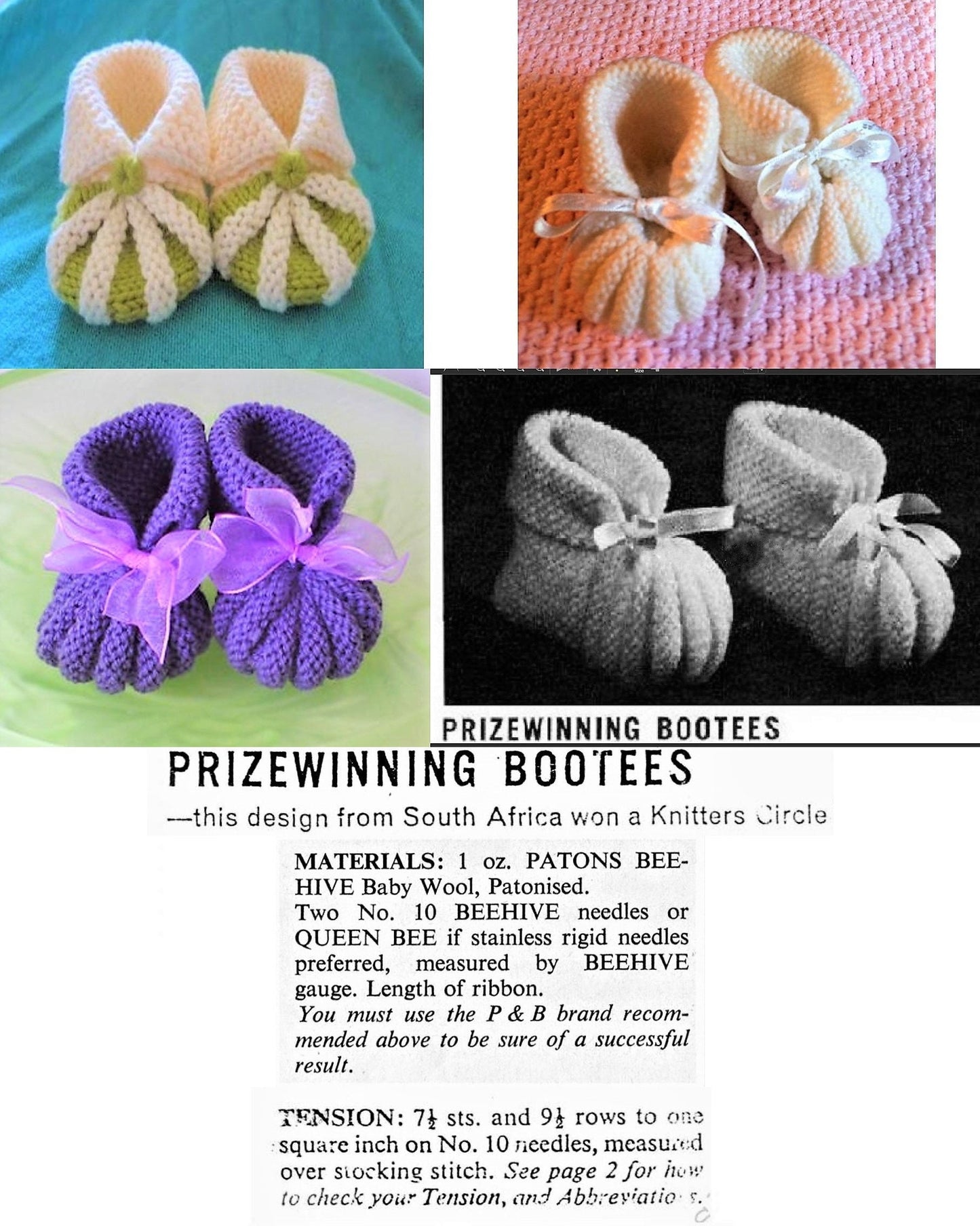 Vintage Knitting Pattern Prizewinning Baby Booties Bootees PDF Instant Download Pretty Retro Cuffed Ribbon Heirloom Baby Shoes '50s 3 Ply