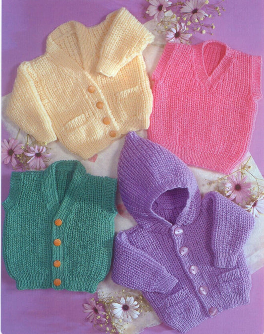 Vintage Knitting Pattern Baby Toddler Childs Simple Hooded Cardigan Slipover Waistcoat PDF Instant Digital Download 0-7 yrs DK 8 Ply