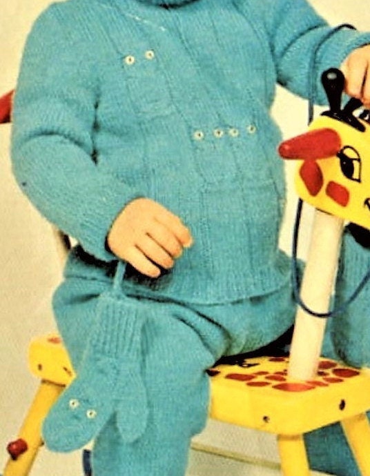 Vintage Knitting Pattern Knit Baby Boy Owl Snowsuit Playsuit Hooded Sweater Top Pants Set PDF Instant Digital Download 1-3 yrs 5 Ply 1971