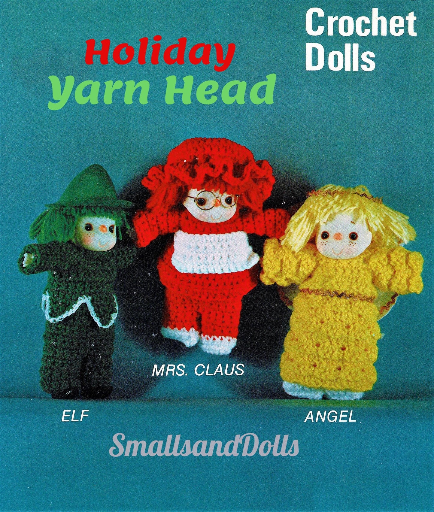 Vintage Crochet Patterns 13" Christmas Yarn Head Dolls Elf Mrs. Santa Claus and Angel Outfits PDF Instant Digital Download Retro 1980s 4 Ply