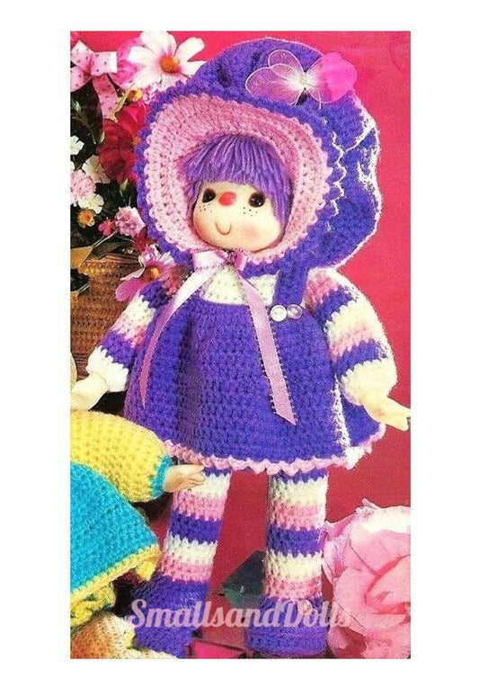Vintage Crochet Pattern 17" Plum Cute Yarn Head Doll Sunbonnet PDF Instant Digital Download Retro 1980s Yarn Hair 4 Ply