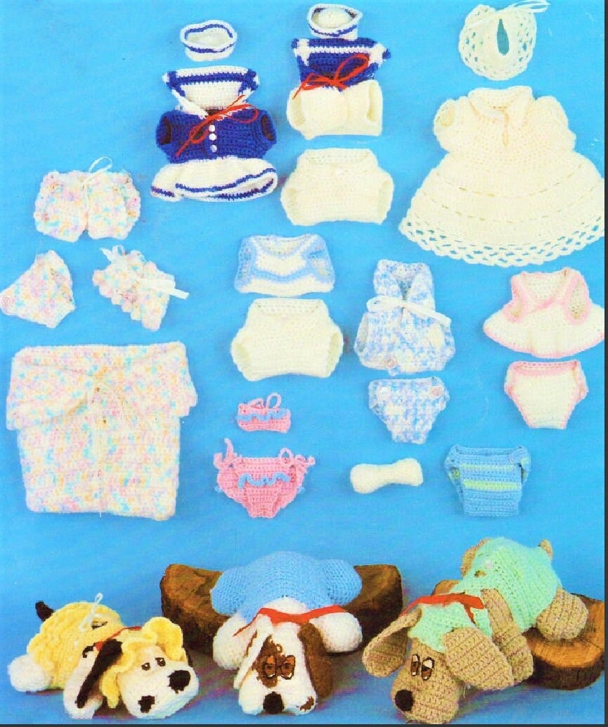 Vintage Crochet Pattern 9" Pound Puppies and Their Wardrobe & Accessories PDF Instant Digital Download Puppy Dog Amigurumi Soft Toys 4 Ply