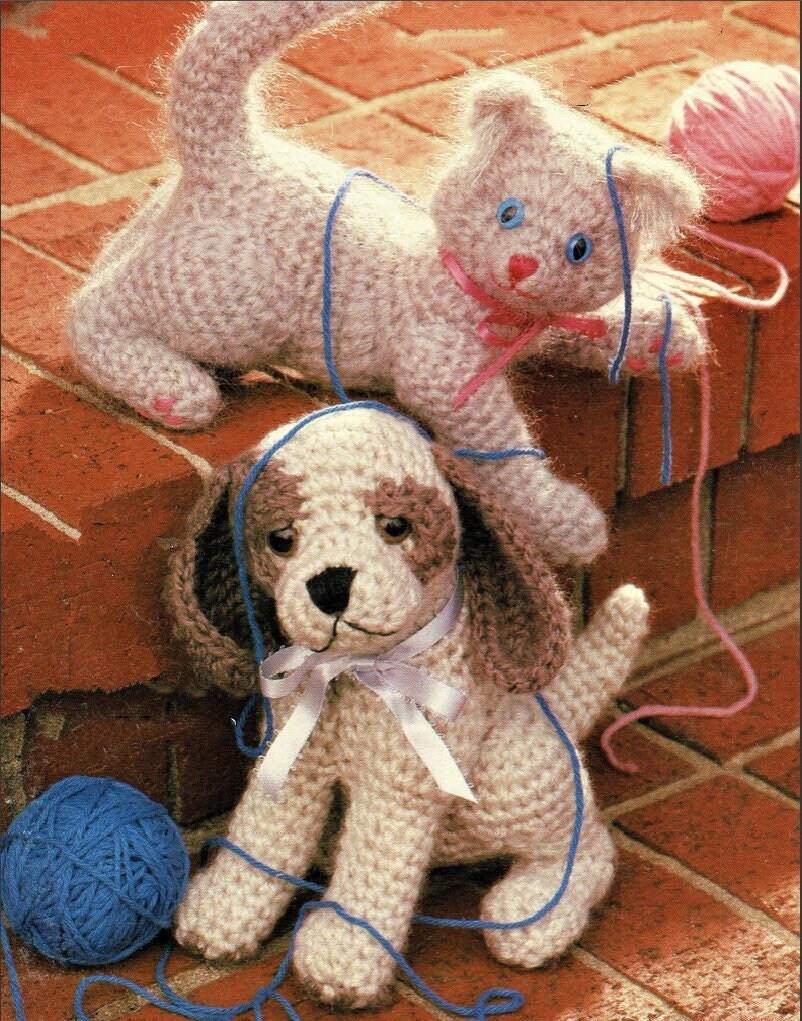 Vintage Crochet Pattern Sweet Kitten and Puppy Retro Amigurumi PDF Instant Digital Download Crocheted Realistic Baby Pet Animals 10 Ply 8"