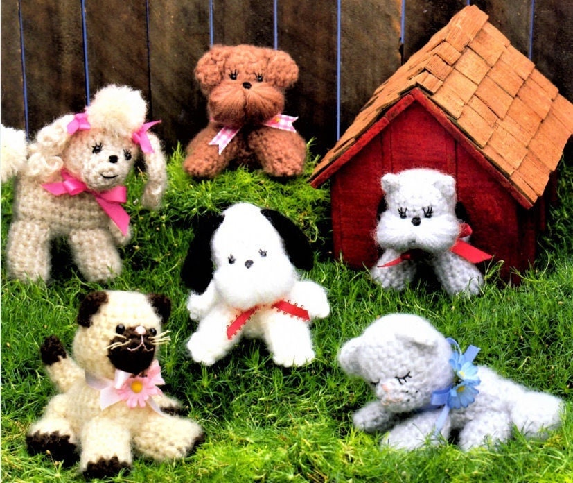 Vintage Crochet Patterns Mini Puppies Kittens Cats Dogs Soft Toys PDF Instant Download Poodle Schnauzer Siamese 6 Amigurumi 3 Ply