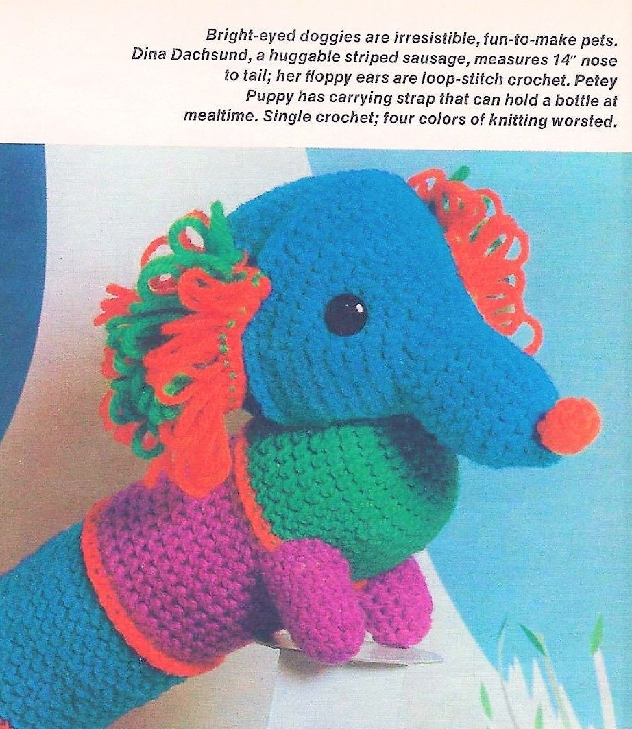 Vintage Crochet Pattern Dachshund Wiener Dog Puppy in 2 Sizes Soft Toy Amigurumi PDF Instant Digital Download Puppies 10 Ply 4 Ply